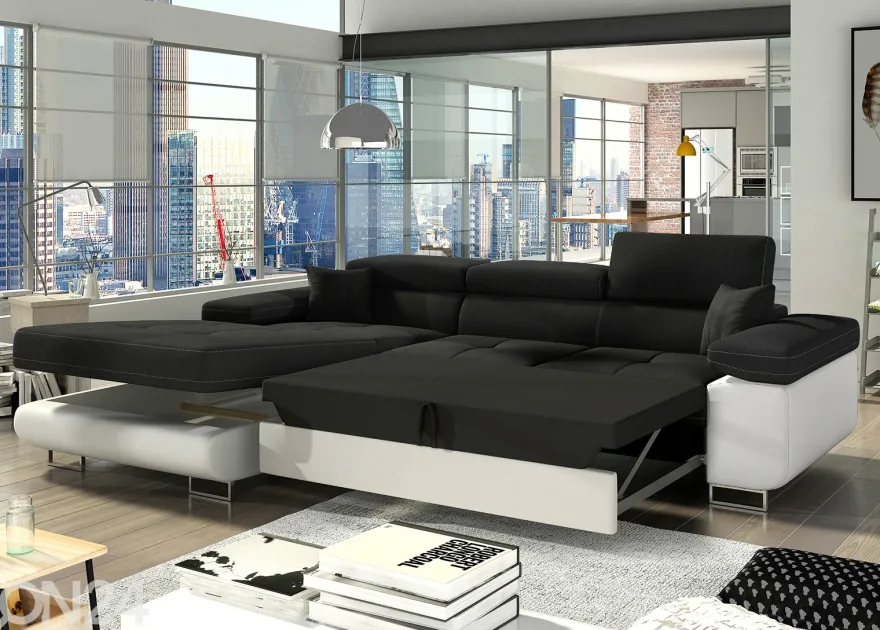 Divaanivuodesohva vuodevaatelaatikolla