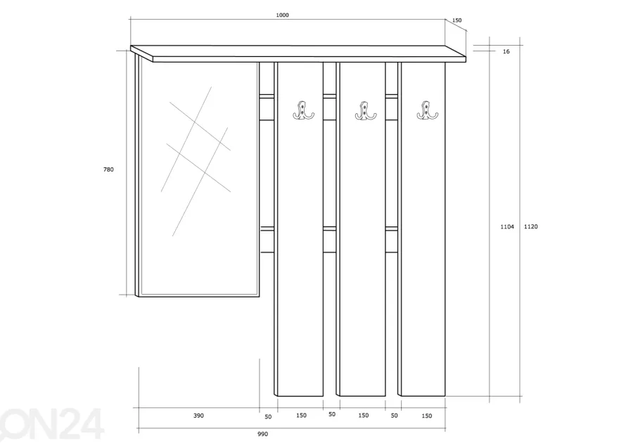 Eteisnaulakko ja peili 100 cm