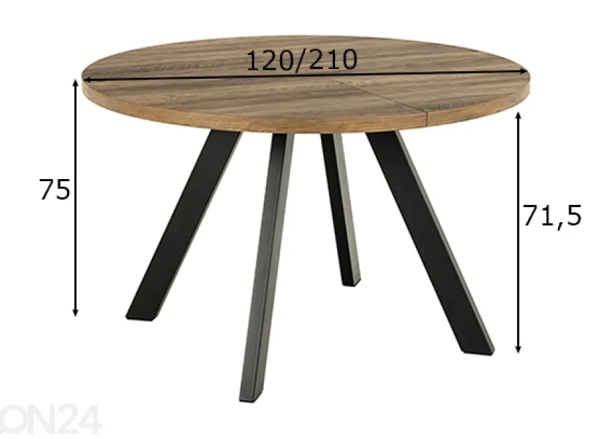 Jatkettava ruokapöytä Saida Ø120/210x75 cm