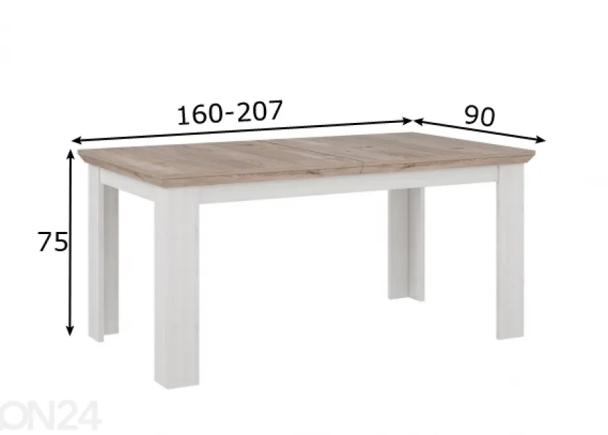 Jatkettava ruokapöytä 160/207x90 cm