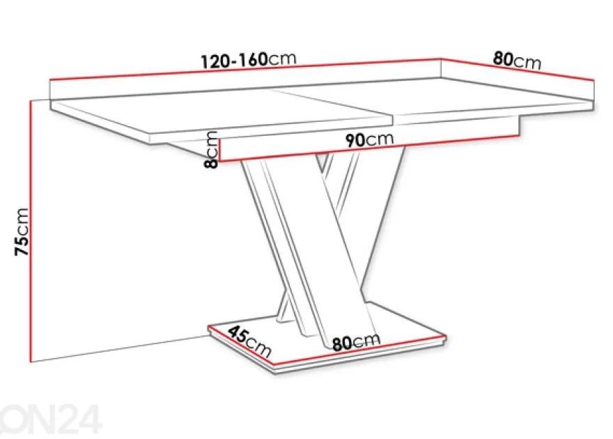 Jatkettava ruokapöytä 80x120-160 cm