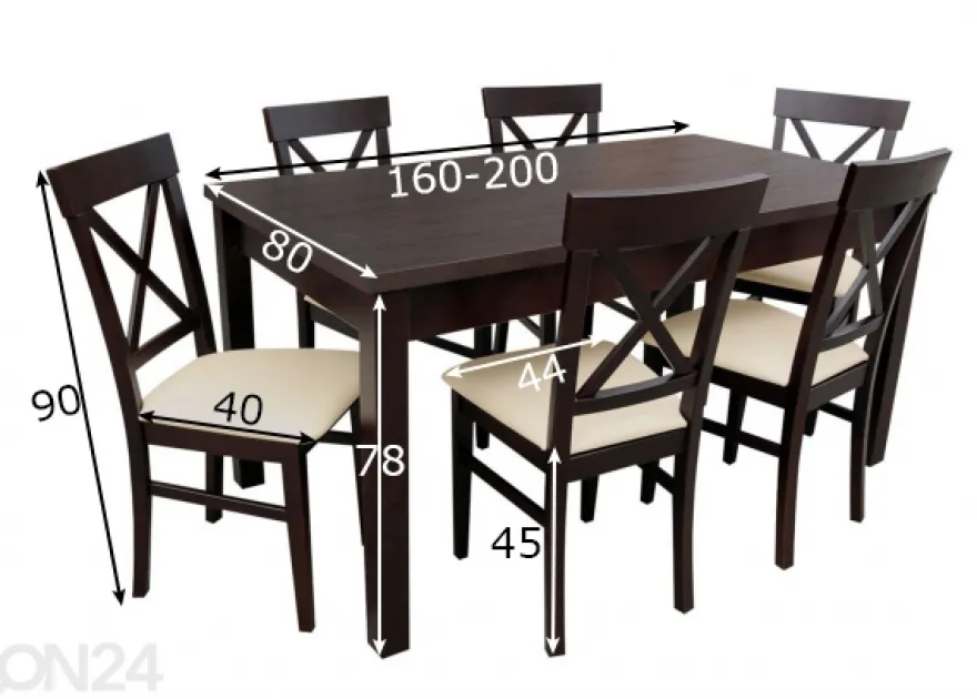 Jatkettava ruokapöytä 80x160-200 cm + 6 tuolia