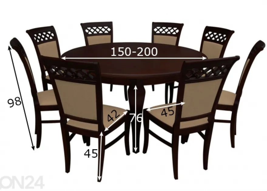 Jatkettava ruokapöytä 150x150-200 cm + 8 tuolia