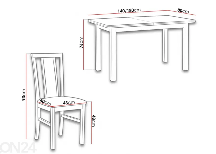 Jatkettava ruokapöytä 80x140-180 cm + 6 tuolia