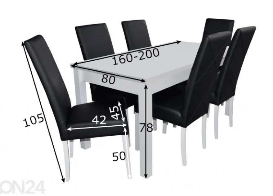 Jatkettava ruokapöytä 80x160-200 cm + 6 tuolia