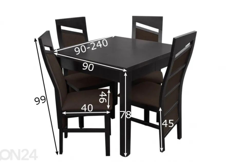 Jatkettava ruokapöytä 90x90-240 cm + 4 tuolia
