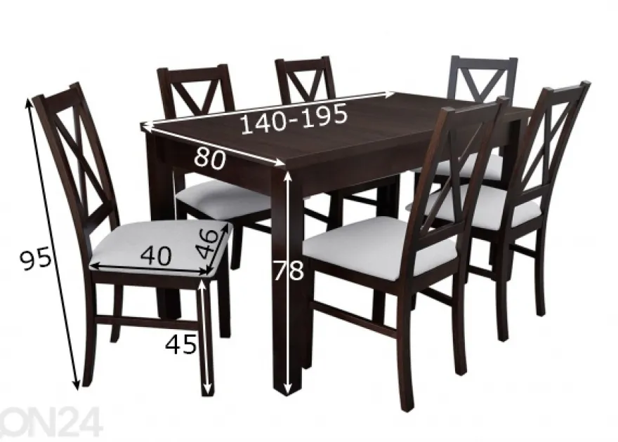 Jatkettava ruokapöytä 80x140-195 cm + 6 tuolia