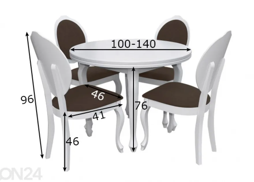 Jatkettava ruokapöytä 100x100-140 cm + 4 tuolia