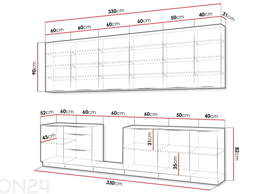 Keittiökalusteet Solea II 330 cm + LED