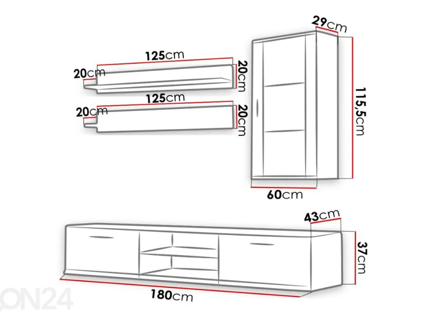 Olohuoneen kalusteryhmä 180 cm + LED-valaistus