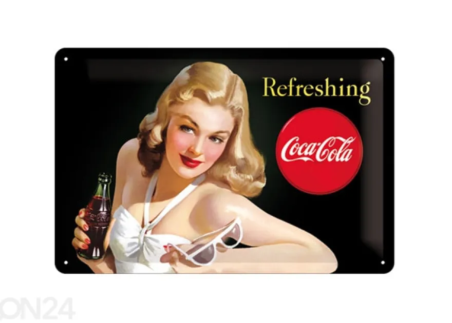Retro metallitaulu Coca-Cola Refreshing Naine 20x30cm
