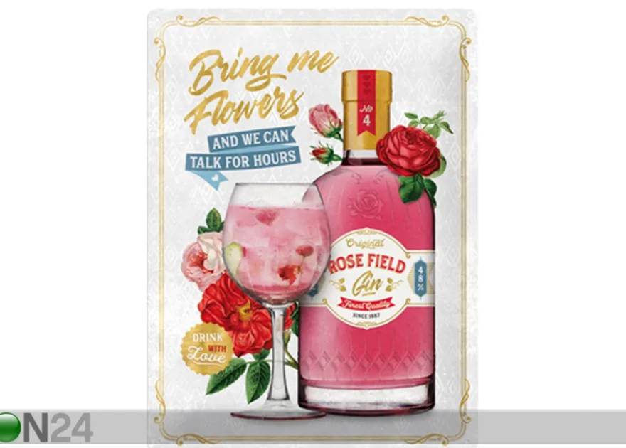 Retro metallitaulu Pink Gin Flowers 30x40 cm
