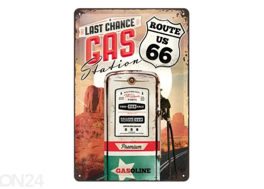 Retro metallitaulu Route 66 Last Chance Gas Station 20x30 cm