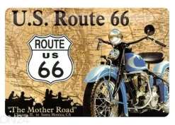 Retro metallitaulu Route 66 sininen moottoripyörä 20x30 cm
