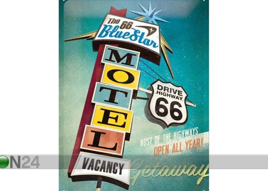 Retro metallitaulu The 66 Blue Star Motel 30x40 cm