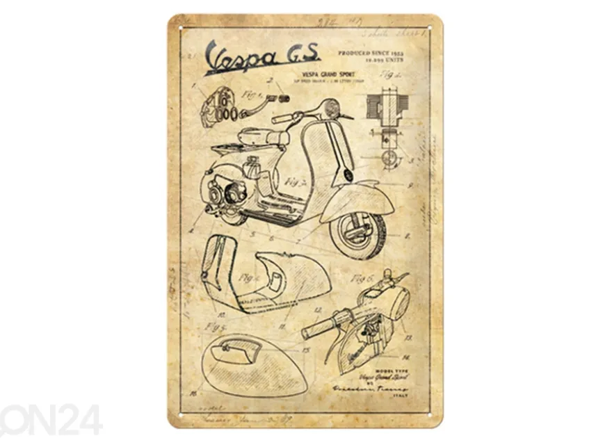 Retro metallitaulu Vespa - Parts Sketches 20x30 cm