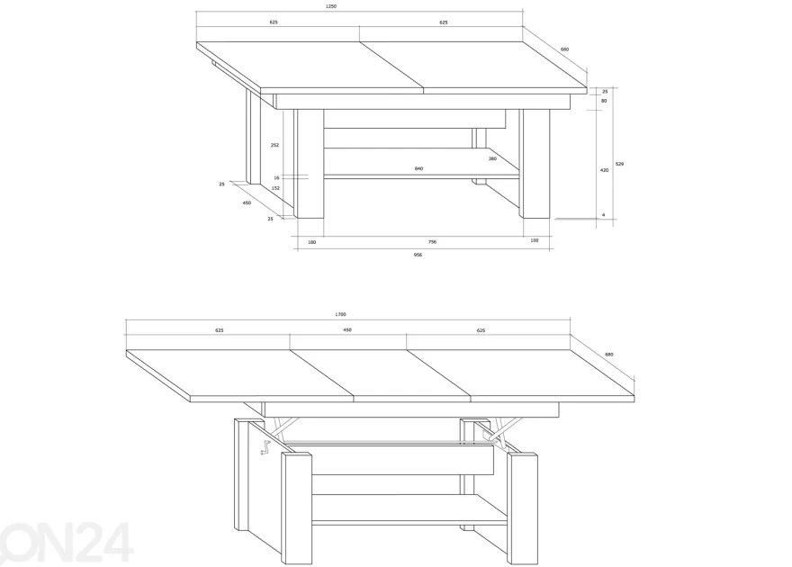 Säädettävä sohvapöytä Skib 125/170x68 cm